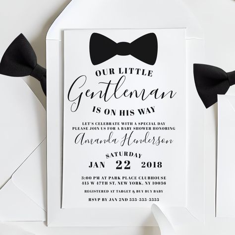 This Black Bow Tie Gentleman Baby Shower Invitation is perfect for any little man, gentleman or bow tie baby shower, The elegant design is perfect to set the tone for a black tie occasion. Little Gentleman Baby Shower Ideas, Bow Tie Baby Shower Theme, Fancy Baby Shower, Distinguished Gentleman, Boy Shower Invitations, White Baby Showers, Elegant Baby Shower, Black And White Baby, Black And White Theme