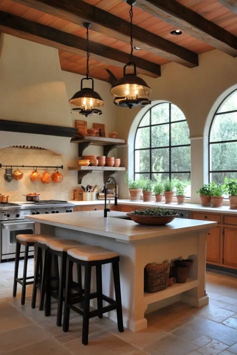 Cozy Italian country kitchen with built in pizza oven terracotta colors and Tuscan tile backsplash Italian Country Decorating, Italian Countryside Kitchen, Italian Country Home Interiors, Italian Farmhouse Kitchen Tuscan Style, Built In Pizza Oven, Kitchen Tuscan Style, Tuscan Farmhouse Kitchen, Spanish Tile Kitchen, Italian Inspired Kitchen