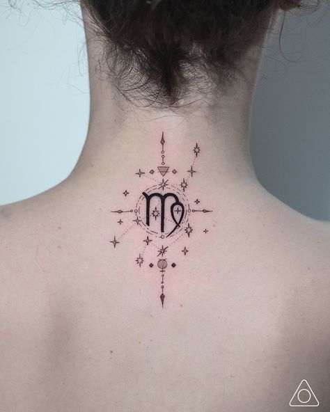 Fine-line geometric tattoo of the Virgo zodiac sign and its constellation, 'The Harvester of Perfection', symbolizing the attention to detail and analytical nature of the sign. Virgo Tattoo Designs For Women Small, Astrology Tattoo Virgo, Virgo Horoscope Tattoo, Virgo Tattoo Designs For Women, Virgo Sign Tattoo, Tattoo Virgo, Virgo Flower, Virgo Tattoo Designs, Virgo Constellation Tattoo