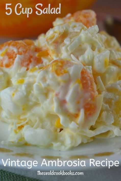 With only five simple ingredients (coconut, sour cream, mandarin oranges, canned pineapple and mini marshmallows), this Ambrosia Salad recipe calls for an equal amount of each ingredient. We recommend you let this marshmallow salad sit in the refrigerator for 24 hours before serving to let the flavors develop, the marshmallows to plump and the texture to set up. Coconut Sour Cream, 5 Cup Salad, Ambrosia Salad Recipe, Marshmallow Salad, Jelly Salad, Ambrosia Recipe, Congealed Salad, Fluff Salad Recipes, Ambrosia Fruit Salad