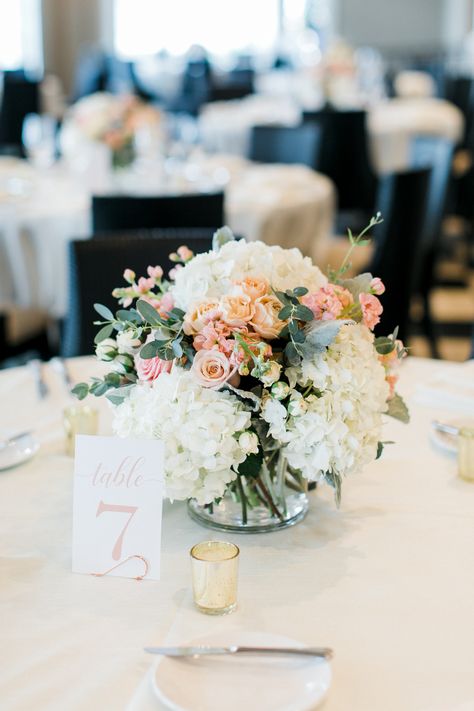 White Hydrangea Pink Rose Centerpiece, Floating Hydrangea Centerpiece, Simple Floral Centerpieces Round Table, Small Wedding Floral Centerpieces, July Wedding Centerpieces, Simple Wedding Centerpieces Round Tables, Rose And Hydrangea Centerpiece, Hydrangea And Rose Centerpiece, Hydrangea Wedding Centerpieces