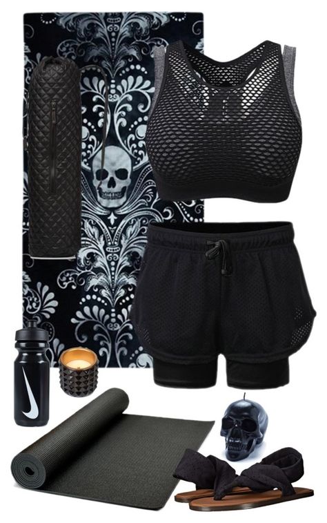 Health Goth Yoga Outfit C by blackbettyblog on Polyvore featuring sanuk, M Z Wallace, Killstar, WoodWick and NIKE Punk Gym Outfit, Goth Athletic Wear, Goth Sportswear, Alternative Activewear, Goth Activewear, Goth Workout, Goth Yoga, Dark Beauty Fashion, Health Goth