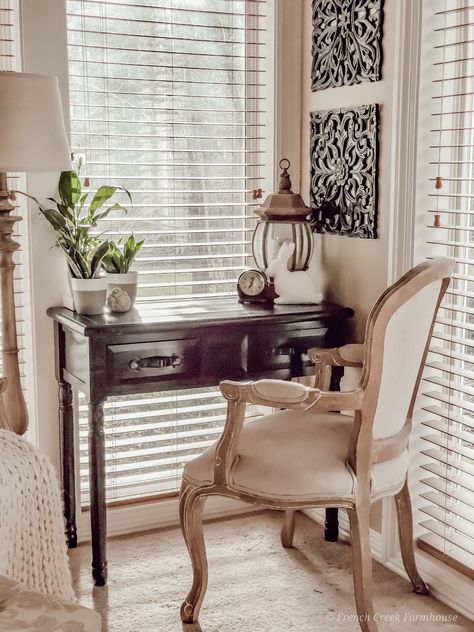 Spring Blooms in the Living Room | French Creek Farmhouse Cottage Desk, French Country Desk, Living Room French, French Provincial Chair, Farmhouse Inspiration, Desk In Living Room, French Chairs, Studio Room, Farmhouse Style House