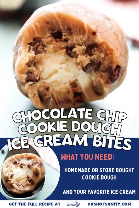 collage image of chocolate chip cookie dough ice cream bites with recipe ingredients included Chocolate Chip Cookie Dough Recipe, Cookie Dough Crust, Ice Cream Balls, Chocolate Chip Cookie Dough Ice Cream, Ice Cream Bites, Make Chocolate Chip Cookies, Cookie Dough Ice Cream, Cookie Dough Bites, Buy Cookies