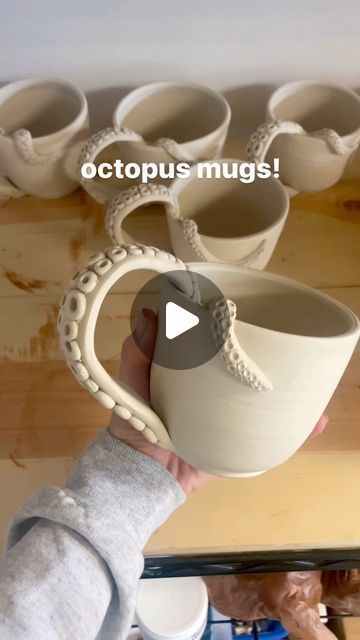 Murphy Pottery on Instagram: "So many in progress!! These take literally so long to make but it’s a labor of love and I’m learning they are a fan favorite :) this is a new kind of clay I’ve never used before- after firing it will be white with black speckles 🤩🤩  #pottery #octopus #ceramics #handmade #drinkware #handmademug" Ceramic Mug Ideas Handmade, Double Pinch Pot Ideas, Octopus Ceramics, Pottery Octopus, Octopus Pottery, Pottery Mug Ideas, Ceramic Handbuilding, Ceramic Octopus, Ceramic Mugs Handmade