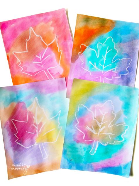 Crayon Resist Art for Fall One of my favorite techniques to do with the kids is crayon resist art with watercolors! It's so simple and the "WOW" factor of the kids painting over it and Footprint Bunny, Bunny Photo, Crafty Morning, Art And Craft Supplies, Fall Art Projects, Bookmark Card, Shrink Art, Guide Template, Leaf Template