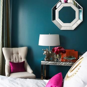 Peacock Blue Paint Colors- Contemporary, bedroom, Benjamin Moore North Sea Green, Adore Magazine Turquoise Accent Wall, Fall Interior Design, Wall Color Schemes, Teal Bedroom, Accent Wall Colors, Glamour Decor, Teal Walls, Dekorasi Kamar Tidur, Mirror On The Wall