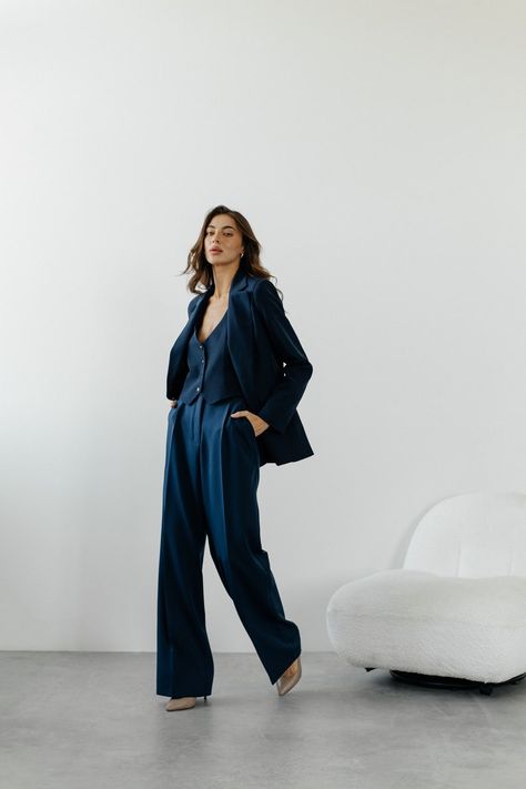 Navy Blue Classic Pantsuit. Dark Blue Formal Three Piece Women's Suit. 3-piece Set Jacket Vest and Palazzo Trousers.office Matching Set. - Etsy UK Vest Suit Women's, Three Piece Suit Women's, Navy Suit Wedding, Palazzo Trousers, Womens Suits, Navy Blue Suit, Blue Vests, Navy Suit, Classic Suit