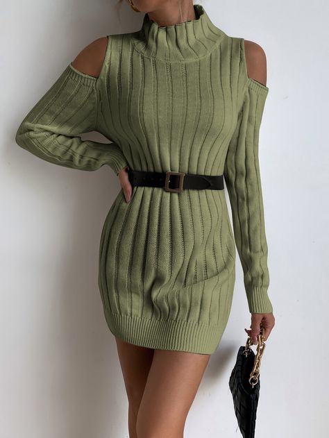 Army Green Elegant  Long Sleeve Acrylic Plain   Non-Stretch Fall/Winter Women Knitwear Cold Shoulder Jumper, Cold Shoulder Sweater Dress, Cable Knit Turtleneck, Turtleneck Sweater Dress, Sweater Dresses, Cold Shoulder Sweater, Knit Turtleneck, Sweater Dress Women, Women Sweater