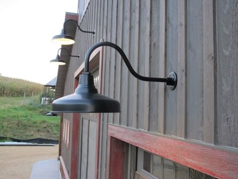 Classic Gooseneck Barn Lights Lend Authenticity to New Build | Blog | BarnLightElectric.com Goose Neck Lighting Exterior, Pole Barn Lights Exterior, Goose Neck Lighting Outdoor, Barn Lights Exterior Garage, Barn Lights Exterior, Farm Shop Ideas, Gooseneck Lighting Outdoor, Outdoor Barn Lights, Exterior Barn Lights