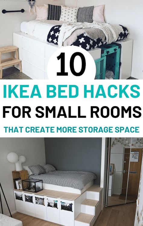 Ikea Bed Hacks, Ikea Storage Bed, Ikea Small Bedroom, Diy Seng, Loft Bed Ideas For Small Rooms, Bed Hacks, Ikea Loft Bed, Ikea Hack Bedroom, Ikea Bed Hack