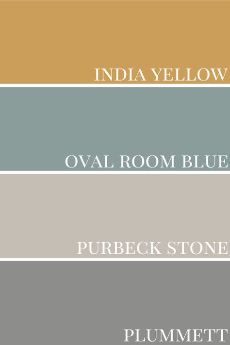 Farrow & Ball India Yellow Colour Review by Claire Jefford Plummett Farrow And Ball Living Rooms, Blue And Stone Living Room, Farrow And Ball Stone Blue Bedroom, Yellow And Blue Hallway, Oval Room Blue Colour Palette, Purbeck Stone Living Room, Yellow Lounge Ideas, Farrow And Ball Oval Room Blue Bedroom, Oval Blue Farrow And Ball