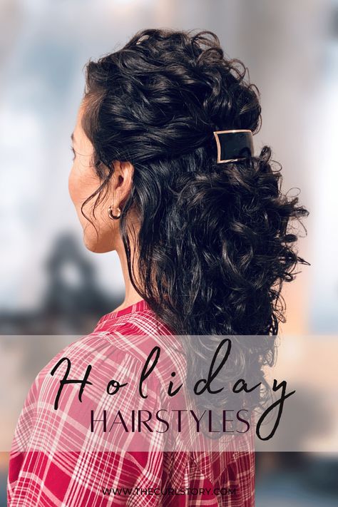 5 Elegant Holiday Hairstyles | Easy Curly Hairstyles • The Curl Story Pull Back Curly Hair, Easy Curly Hairstyles, Holiday Hairstyles Easy, Hair Pinned Back, Dinner Party Style, Luxury Hair Accessories, Elegant Dinner Party, Curly Hair Styles Easy, Hairdos For Curly Hair