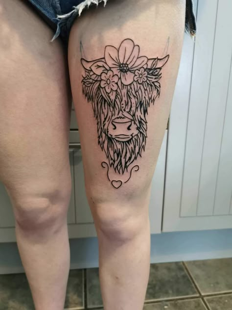 Country Themed Tattoos, Hyland Cow Tattoo, Fluffy Cow Tattoo, Highland Cow Tattoo, Cow Skull Tattoos, Scotland Tattoo, Calf Tattoos For Women, Upper Thigh Tattoos, Tattoo 2023