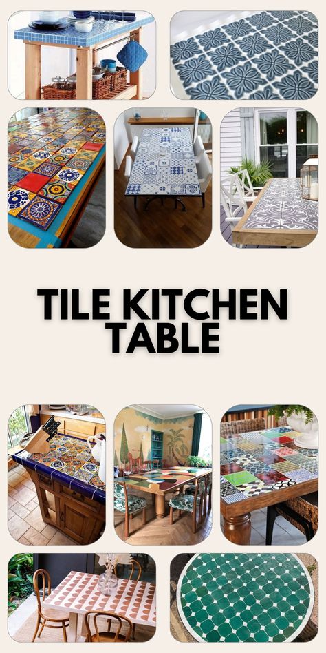 Transform Your Space with Stylish Tile Kitchen Table Makeovers Tile Kitchen Table, Top Table Kitchen, Spanish Style Tile, Blue Kitchen Tiles, Top Kitchen Table, Tile Top Tables, Painted Kitchen Tables, Tile Refinishing, Kitchen Island Tops