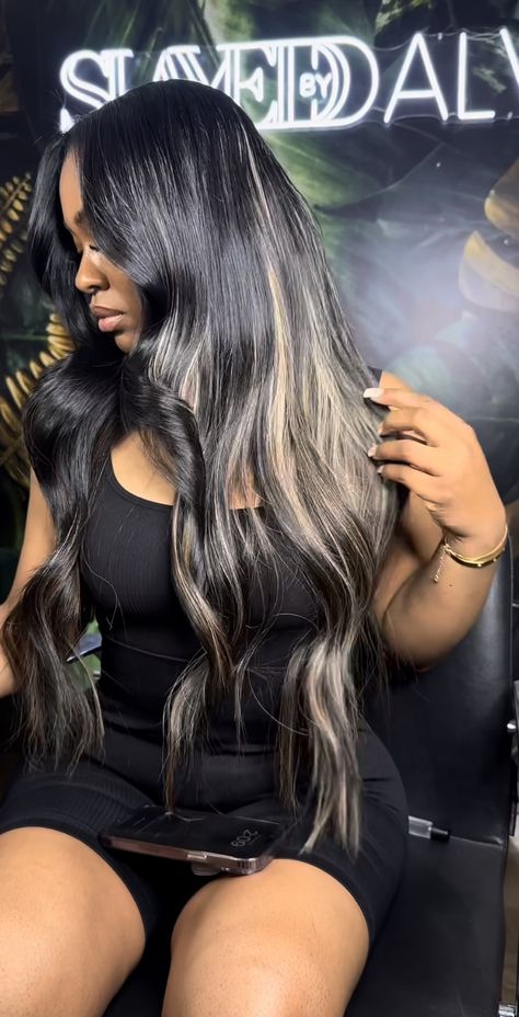 Highlights Leave Out, Black Sewin Blonde Highlights, Qw With Highlights, Blonde Hair Highlights On Black Hair, Jet Black Wig With Highlights, Middle Part Quick Weave With Blonde Highlights, Side Part Sew In With Brown Highlights, Versatile Quick Weave With Highlights, Blonde And Black Ombre Hair