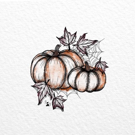 Autumn Tatoos Fall, Delicate Pumpkin Tattoo, Fall Leaves Aesthetic Drawing, Fall Time Tattoos, Pumpkin And Leaves Tattoo, Fall Lover Tattoo, Watercolor Pumpkin Tattoo, October Themed Tattoos, Pumpkin And Fall Leaves Tattoo