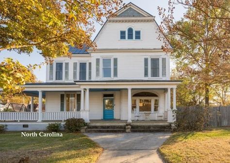 Hall Wainscoting, Carolina Homes, Central Hall, Blue Shutters, Host Dinner Party, Old Houses For Sale, North Carolina Homes, Lakefront Homes, Wrap Around Porch