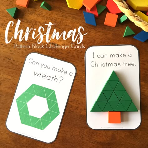 Christmas Pattern Block Challenge Cards - ready to print Christmas themed challenge cards to add to pattern blocks. Perfect for math centers, these cards are designed for use by beginning readers have a 2D shape focus as well | you clever monkey Christmas Geometry Activities, Brain Bins, Purposeful Play, Kindergarten Christmas, Christmas Units, Christmas In The Classroom, Christmas Preschool, Christmas Stem, Christmas Centers