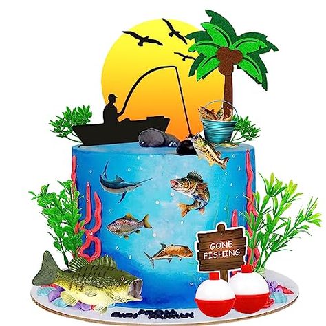 Fish Cake Topper, Gone Fishing Cake, Fishing Baby Shower, Fishing Cake Topper, Fishing Cake, Baby Shower Fishing, Birthday Cake Decorations, Baby Fish, Themed Birthday Cakes