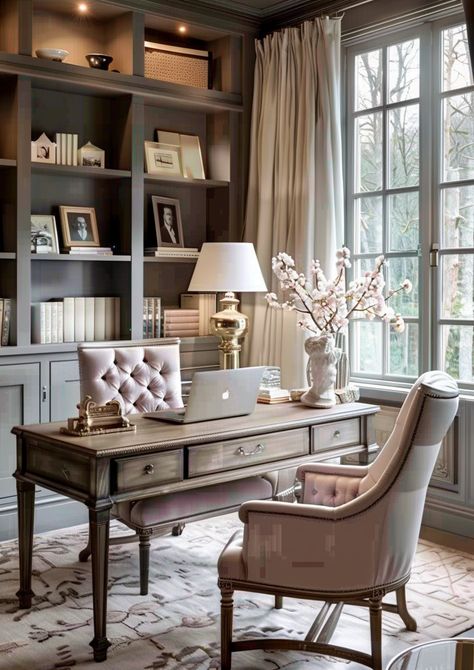 Creating the perfect workspace at home? 🖋️ Discover 34 of the best women's home office ideas to suit every style! From chic and modern setups to cozy and creative spaces, find inspiration to design an office that reflects your personality and boosts productivity. Explore these stylish and functional ideas now! #HomeOffice #OfficeDecor #WorkspaceInspiration #WomensStyle #InteriorDesign Feminine Professional Office, Transitional Office Design Inspiration, Desk And Chair Aesthetic, Women’s Office At Home, Shabby Chic Office Ideas Workspaces, Woman's Office Ideas, Green Pink Office, Feminine Office Design, Office Sitting Area Ideas