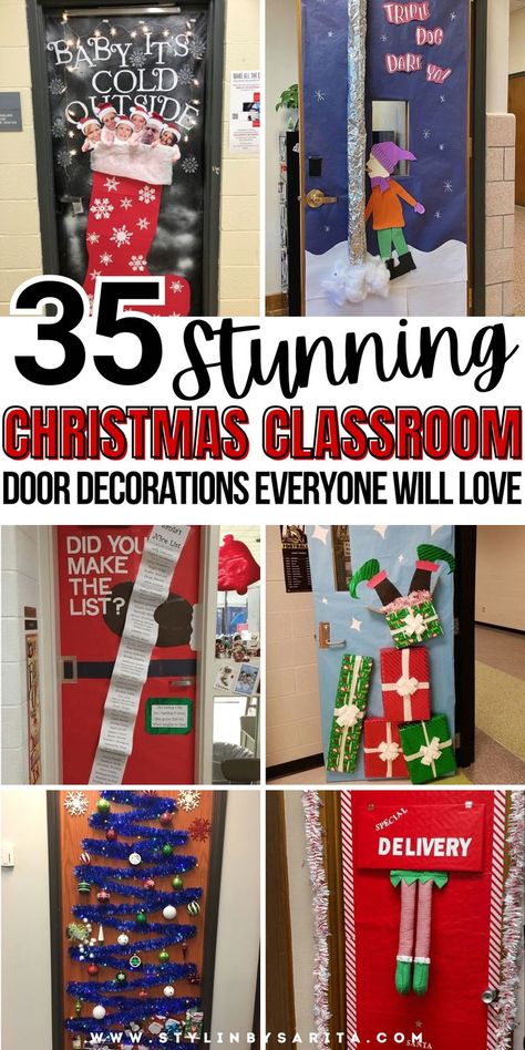 Christmas classroom door decorations Funny Xmas Door Decorations Contest, Elementary Door Decorating Ideas Christmas, Third Grade Door Decorations, Door Design For Christmas, Christmas Tree Door Ideas For Classroom, Santa Door Decoration Ideas, Classroom Doorway Ideas, Christmas School Door Decorating Ideas, Christmas Decor Door Classroom