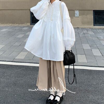 Collar type: stand collar. M: Dress length: 79cm Sleeve length: 70cm. L: Dress length: 80cm Sleeve length: 72cm. Sleeve Length: Long Sleeve. Clothing version: loose. XL: Length: 81cm Sleeve length: 74cm. China Summer Outfits, Japanese Fashion Women Casual, Japanese Outfits Casual, Loose Long Sleeve Dress, Japanese Workwear, Japanese Fashion Women, Loose Dress Pattern, Pleated Shirt Dress, Mori Fashion