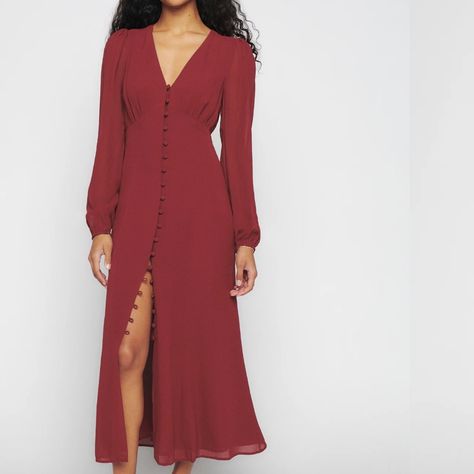 Reformation Dress, Most Beautiful Dresses, Reformation Dresses, Burgundy Dress, 80 Dress, Midi Dress With Sleeves, Long Sleeve Midi, Elegant Dress, Elegant Dresses