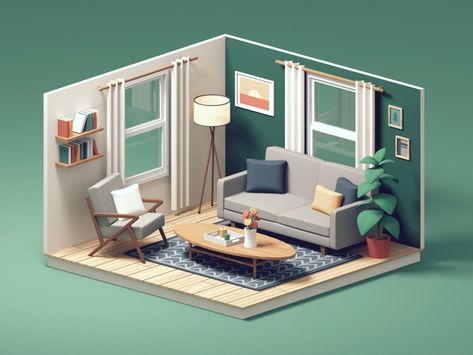 3d Living Room, Small Space Interior Design, Isometric Art, Isometric Design, 3d Modelle, Decoration Inspiration, Interior Design Studio, Decoration Design, Low Poly