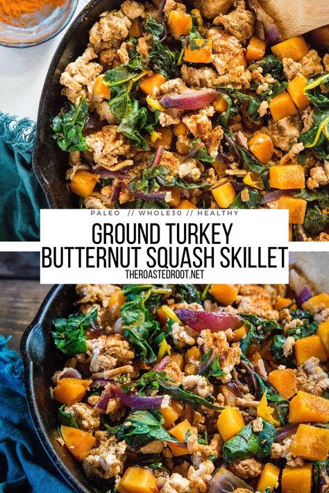 Ground Turkey Butternut Squash Skillet with Rainbow Chard - The Roasted Root Butternut Squash Chicken Sausage And Kale Quinoa Skillet, Healthy Dinner Recipes Butternut Squash, Stuffed Butternut Squash Ground Turkey, Fall Turkey Skillet, Turkey Squash Skillet, Butternut Squash And Swiss Chard Recipes, Ground Turkey Apple Recipes, Butternut Squash Skillet Recipes, Butternut Squash Turkey Recipes