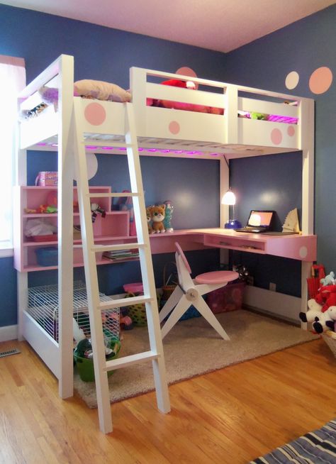 Cute. Kinda little kiddish, but cute.... If I get a loft bed, I'm putting Christmas lights under mine! Not the different colored one because that would be too Christmas-y, i would use the white lights Bed With Desk Underneath, Loft Bed Desk, Lofted Dorm Beds, White Loft Bed, Bunk Bed Plans, Loft Bed Plans, Loft Bed With Desk, Diy Loft Bed, Bunk Bed With Desk