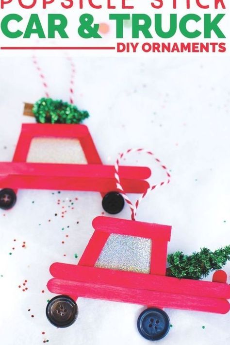 Easy DIY popsicle stick Christmas ornaments. Make your own car with Christmas tree or truck with Christmas tree ornaments with this step-by-step tutorial.#christmas #christmascrafts #diychristmas #christmasornaments #holidaycrafts #diyornaments #popsicles Popsicle Stick Christmas Ornaments, Stick Christmas Ornaments, Popsicle Stick Ornaments, Wooden Craft Sticks, Truck Diy, Christmas Traditions Family, Homemade Ornaments, Diy Ornaments, Popsicle Stick Crafts