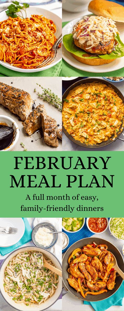 A full month of ideas for easy, homemade family-friendly dinners. Includes a free printable PDF calendar with each day’s menu idea for easy planning. February Meal Plan, Family Dinner Planning, Easy Baked Chicken Thighs, Pdf Calendar, Weekly Dinner Menu, Simple Calendar, Meal Planning Menus, Seasonal Cooking, Monthly Meal Planning