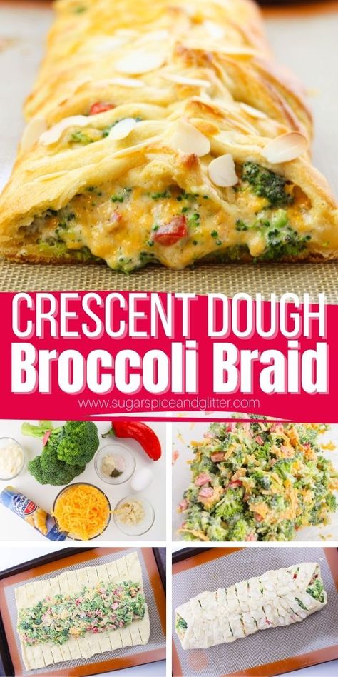 How to make a broccoli braid complete with the gorgeous braided pastry top. This easy vegetable side dish is simple enough for the kids to make but elegant enough for a dinner party Brocolli Appetizer Recipes, Ham And Broccoli Braid, Chicken Broccoli Braid Pampered Chef, Pampered Chef Chicken Broccoli Braid, Broccoli Crescent Roll Recipes, Broccoli Braid Pampered Chef, Broccoli Appetizers For Party, Chicken And Broccoli Braid, Braided Pastry