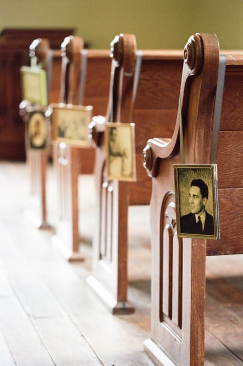 framed family photos lining the ceremony aisle | White Rabbit Studios #wedding Church Aisle Decorations, Wedding Church Aisle, Church Aisle, Wedding Church Decor, Pew Decorations, Wedding Pews, Aisle Decorations, Pew Ends, Ceremony Aisle