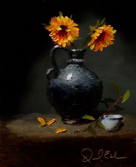 Background Oil Painting, Dramatic Background, Asian Tea, Modern Portraits, Green Glass Vase, Still Life Oil Painting, Sunflower Art, White Cups, Antique Vase