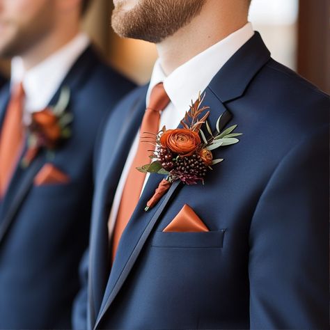 Stunning Navy Blue and Rust Wedding Colors | Discover Tips for a Perfect Palette - Yeah Weddings Fall Wedding Colors Navy And Rust, Rust And Teal Wedding Colors, Navy Blue Wedding Scheme, Fall Wedding Navy Blue Color Combos, Dusty Blue And Rust Wedding Flowers, Rustic Orange And Gold Wedding, Navy And Orange Groomsmen, Deep Blue Wedding Suit, Blue Suit Terracotta Tie