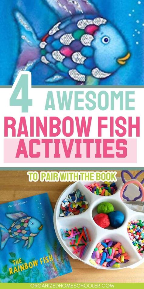 4 awesome Rainbow Fish activities to pair with the book written between the cover of the book and a playdough craft tray Rainbow Fish Playdough, Rainbow Fish Book Activities, Preschool Book Themes, Rainbow Fish Process Art, Fish Literacy Activities Preschool, The Rainbow Fish Crafts Preschool, Rainbow Fish Sensory Bin, Rainbow Fish Sharing Activity, Kindergarten Story Activities