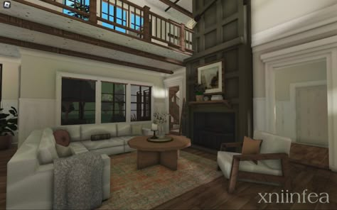 Bloxburg Cabin Living Room, Brown Aesthetic House, Bloxburg Cabin House, Bloxburg Styles, Cabin House Interior, Bloxburg Architecture, Bloxburg Cabin, Modern Suburban House, Bloxburg Rooms