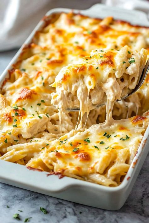 This Chicken Alfredo casserole is comforting, satisfying, and so delicious! And since it's a dump-and-go meal, it's easy to make, too! Recipes With Already Cooked Chicken, Leftover Chicken Alfredo Ideas, Delicious Supper Ideas, Dump And Bake Chicken Alfredo Casserole, Chicken Tortellini Alfredo Bake, Dinner Dump Recipes, Easy Chicken Alfredo With Jar Sauce, Cheap Chicken Dinner Recipes, Marry Me Casserole