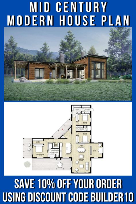 The focus of this house plan was to create an aesthetically well-designed modern house which, at the same time, would be sustainable and energy-efficient with additional exterior wall insulation. The modern cabin style character is expressed through the seamless connection of interior and exterior s. The outside views flow in through the open floor plan and high ceiling helps fill each space with natural daylight.  If you like everlasting style, consider building mid century modern house plans. Mid Century Modern Floor Plans, Energy Efficient House Plans, Layout Bedroom, Layout House, Mid Century Modern House Plans, Modern Contemporary House Plans, Three Bedroom House Plan, Modern House Floor Plans, Little House Plans