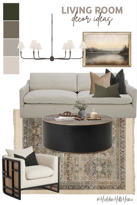 Moody living room decor mood board with black, olive green, and brown tones throughout! Living room ideas and inspiration Black Beige Olive Living Room, Gray Cream And Green Living Room, Neutral And Black And White And Green Living Room, Layla Olive Charcoal Rug Living Room, Beige Sofa Mood Board, Olive And Gray Living Room, Gray Black Brown Green Living Room, Loloi Olive Charcoal Rug Living Room, Living Room Olive Green Accents