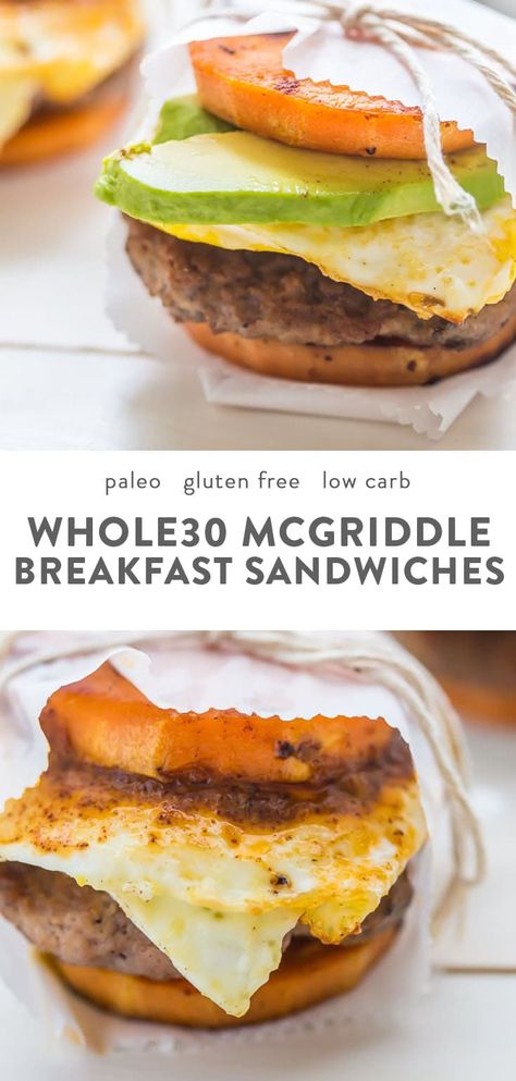 These Whole30 breakfast sandwiches are easy to make and insanely good. Buttery sweet potato buns layered with Whole30 breakfast sausage, fried egg, and avocado or quick Whole30 chipotle aioli, they're about to be your favorite Whole30 breakfast. #whole30 #breakfast #lowcarb #glutenfree 800g Challenge, W30 Breakfast, Whole30 Breakfast Sausage, Potato Buns, Paleo Breakfasts, 40 Aprons, Sweet Potato Buns, Whole30 Breakfast, Detox Breakfast