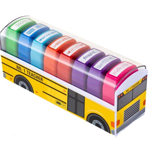 PRICES MAY VARY. 8 Colorful Stamps - Set of eight self-inking stamps includes six encouraging reward messages, one "Needs Work" and one "Sign & Return" designs School Bus Design - Our stamps are stored in a cute school bus shaped container that is a big hit with teachers and students alike Quality Craft - Each stamp impression area is 1.42" x 0.31" and is constructed of sturdy plastic. The 8 stamps fit snugly into a convenient storage case Fun Designs - Kid friendly cartoon designs are great for Gift Ideas For Teachers, 2nd Grade Class, Bus Design, Teacher Stamps, Cartoon Designs, Student Awards, Teacher Supplies, New Teachers, Grade School