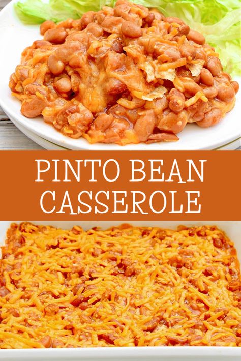 Pinto Bean Casserole ~ Easy and cheesy casserole that's easy on the budget and packed with Tex-Mex flavors! Pinto Bean Side Dish, Pinto Bean Casserole Cornbread, Leftover Pinto Bean Recipes, Canned Pinto Bean Recipes, Cheesy Pinto Beans, Pinto Bean Recipe, Brown Beans, Vegetable Casseroles, Pinto Bean Recipes