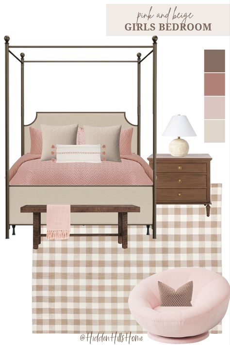 Pink and beige girls bedroom decor mood board with a canopy bed Pinky Beige Bedroom, Beige Girls Bedroom, Girls Bedroom Mood Board, Pink And Brown Bedroom, Pink Swivel Chair, Cute Bedroom Decor Ideas, Dreamy Girls Bedroom, Pink Teen Girl Bedroom, Pink Twin Bed