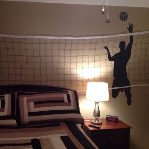 Boys volleyball bedroom: wall decal from Amazon and net from WalMart Volleyball Room Decor, Girls Sports Room, Volleyball Bedroom, Volleyball Room, Boys Volleyball, Posters On Wall Bedroom, Sports Wall Decor, Sports Wall Decals, Teen Boy Bedroom