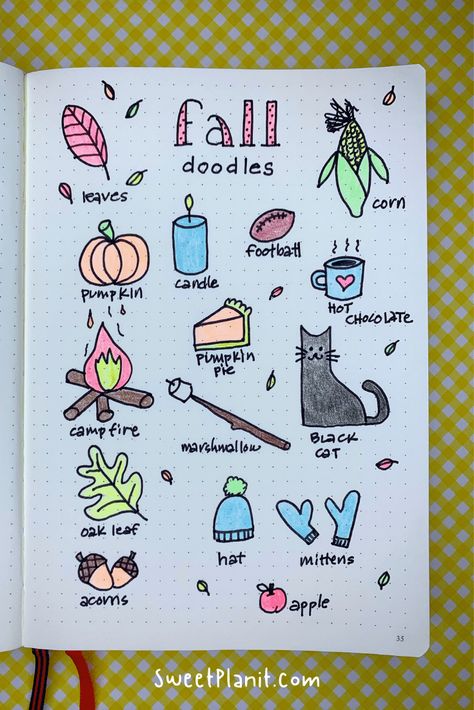 Easy Fall Bullet Journal Doodles You Can Draw — Sweet PlanIt September Doodles Easy, Drawing Ideas For Notebooks, Fall Doodle Ideas, September Drawings Easy, Fall Doodles Bullet Journal, Fall Sketches Easy, Fall Doodles Easy, Planner Doodles Ideas, Autumn Drawing Easy