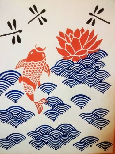 Traditional Japanese Koi Fish Art, Japanese Painting Easy, Japanese Art Simple, Japanese Illustration Art, Fish Illustration Art, Japanese Fish Art, Japanese Wave Art, Waves Japanese, Japanese Traditional Art