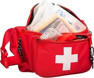 NOVAMEDIC First Aid Fanny Pack Stocked with 75 Piece Emergency Essentials, 8"x2"x6", Waist Bag w/ 3 Zippered Compartments & Adjustable Strap for Lifeguard, Hiking, Travel Men & Women, Durable, Red Emergency Essentials, School Field Trip, Medical Symbols, First Aid Supplies, First Aid Kit, Sports Activities, Garden Tote, First Aid, Medical Supplies